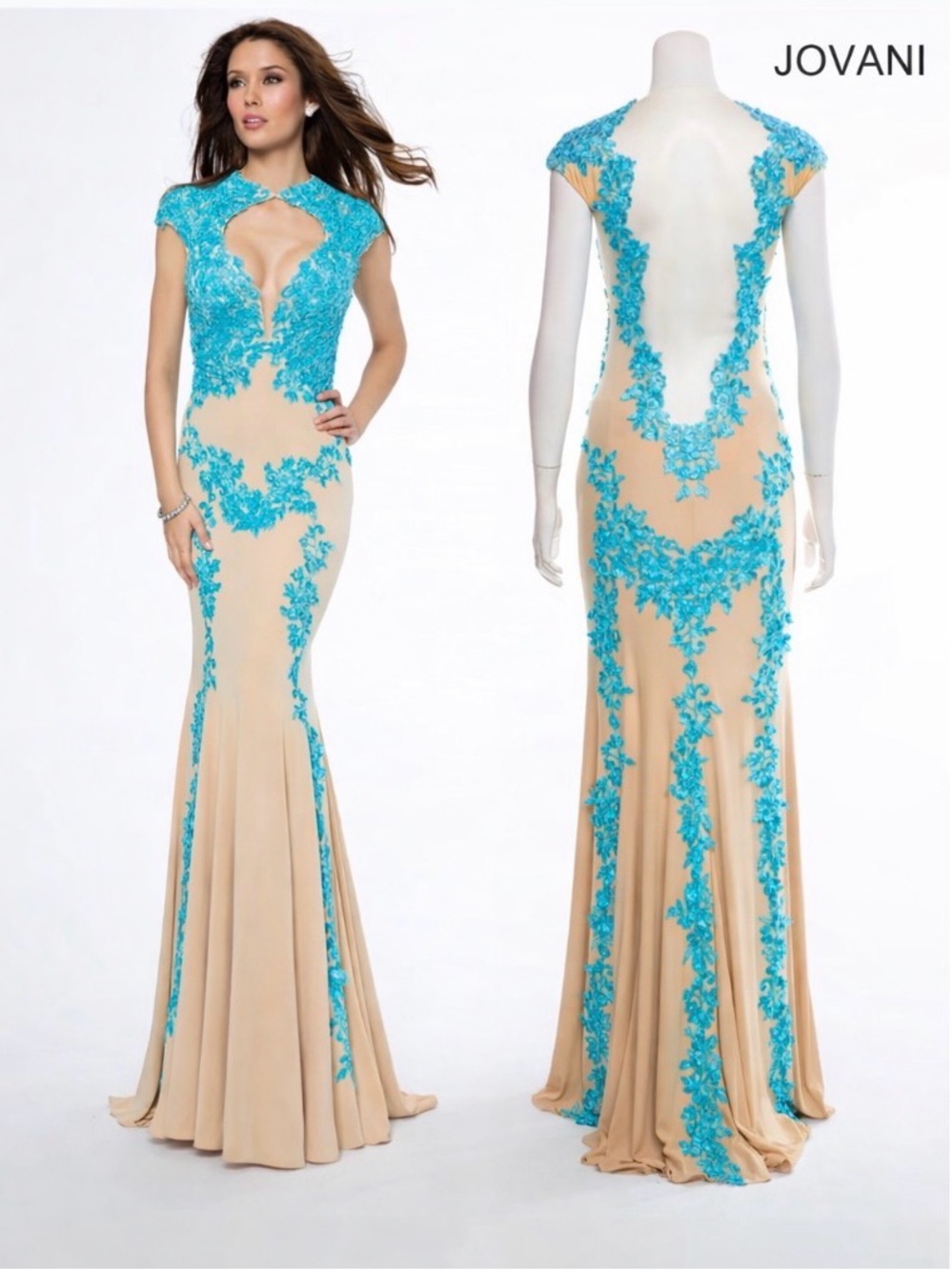 Jovani Jersey Gown w/ Blue Lace | Plunging Neck Formal Prom Gala Dress